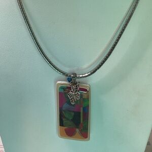 Vintage Colorful Butterfly Pendant Necklace with Leaf Charm